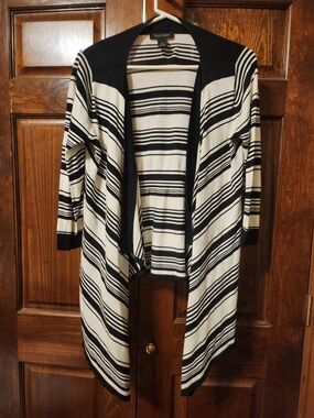 White House Black Market Black and White Striped Open Drape Cardigan